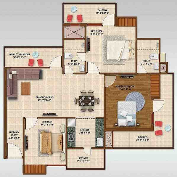 3 BHK floor plan, ACE Aspire