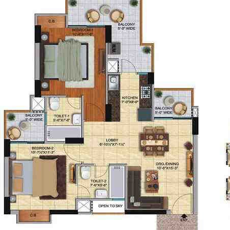 2 BHK floor plan, ACE City
