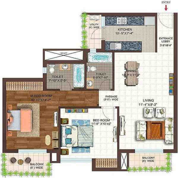 3 BHK floor plan, Ace Golfshire