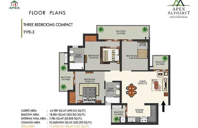 3 BHK floor plan, Apex Alphabet