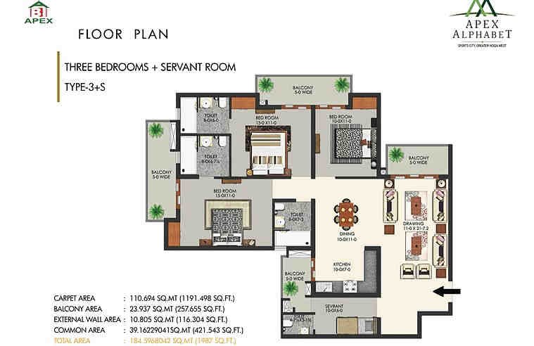 3 BHK floor plan, Apex Alphabet