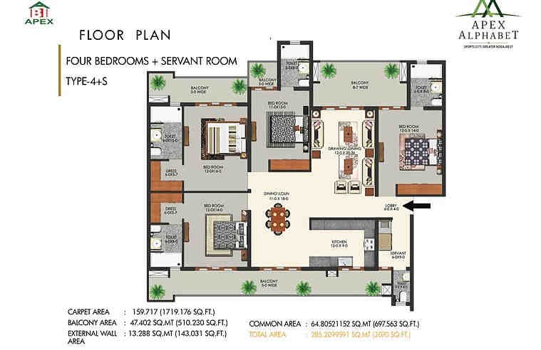 4 BHK floor plan, Apex Alphabet