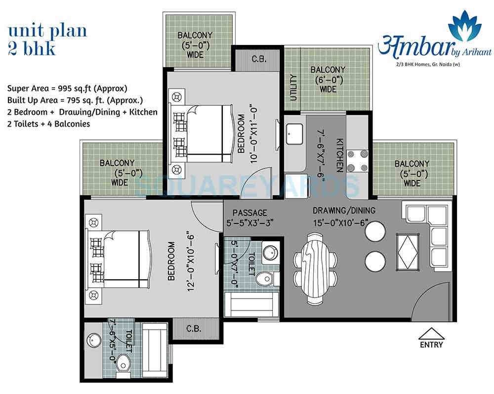 2 BHK floor plan, Arihant Ambar