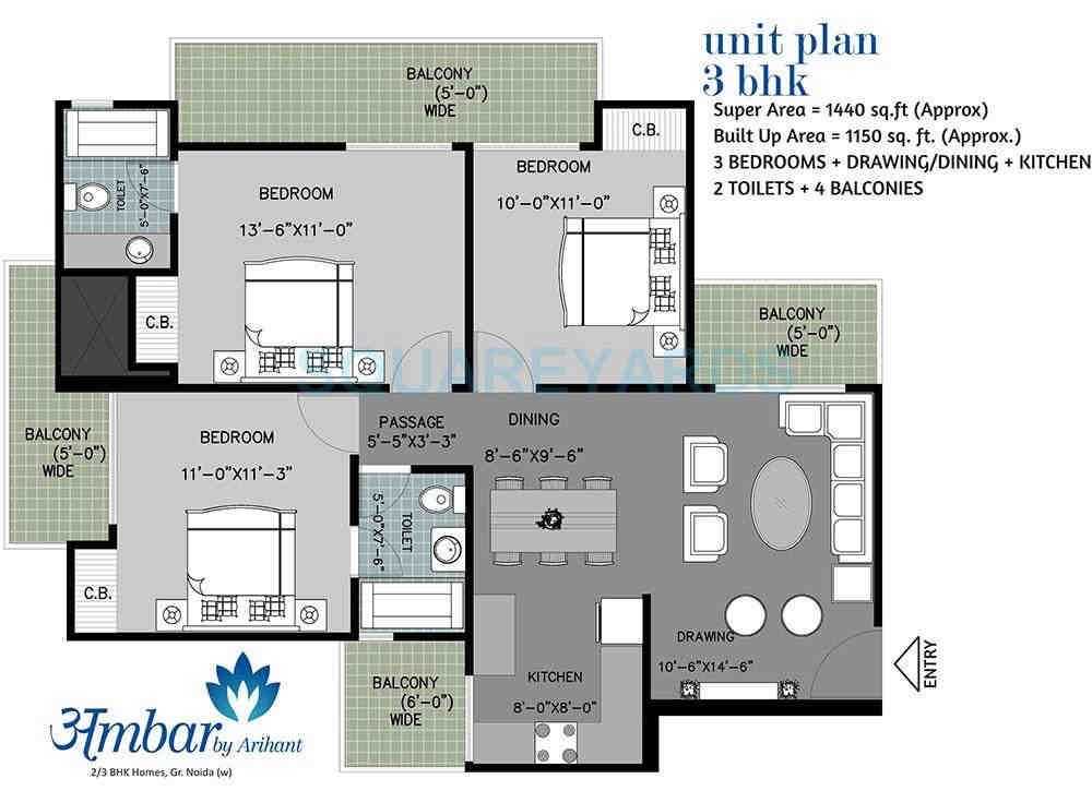 3 BHK floor plan, Arihant Ambar