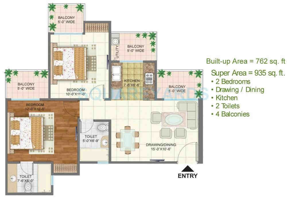 2 BHK floor plan, Arihant Arden