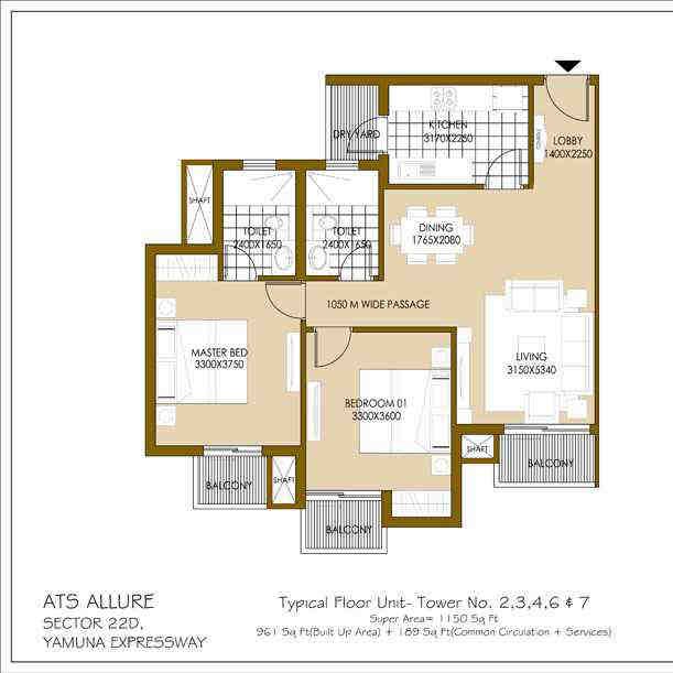 2 BHK floor plan, ATS Allure