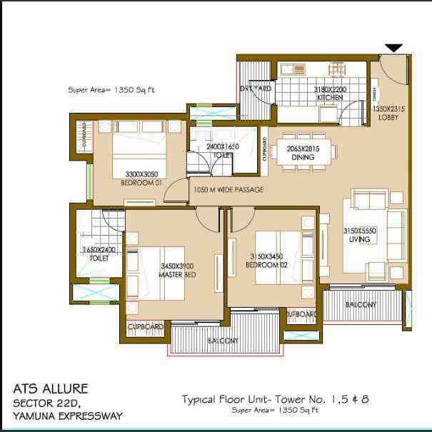3 BHK floor plan, ATS Allure