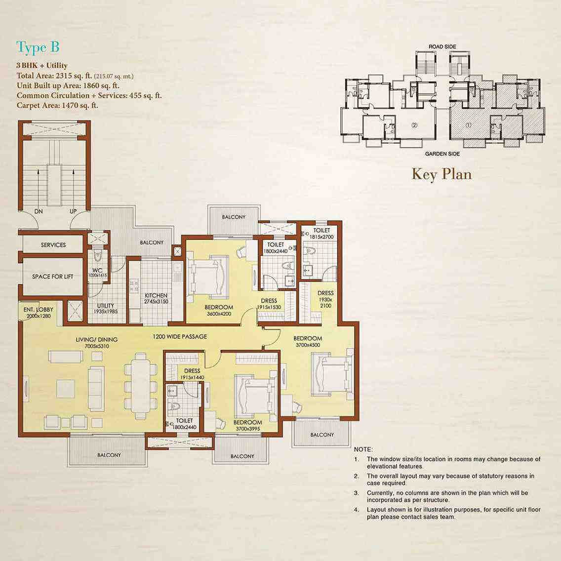 3 BHK floor plan, ATS Dolce