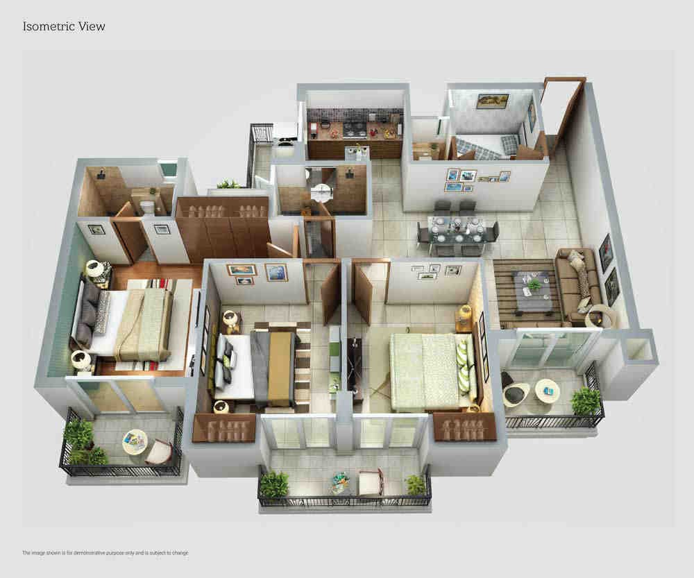 3 BHK floor plan, ATS Happy Trails