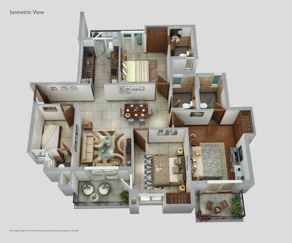 3 BHK floor plan, ATS Happy Trails