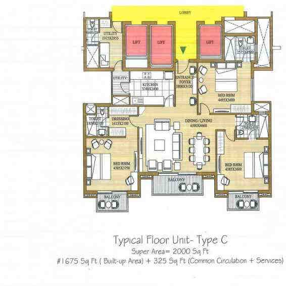 3 BHK floor plan, ATS Le Grandiose