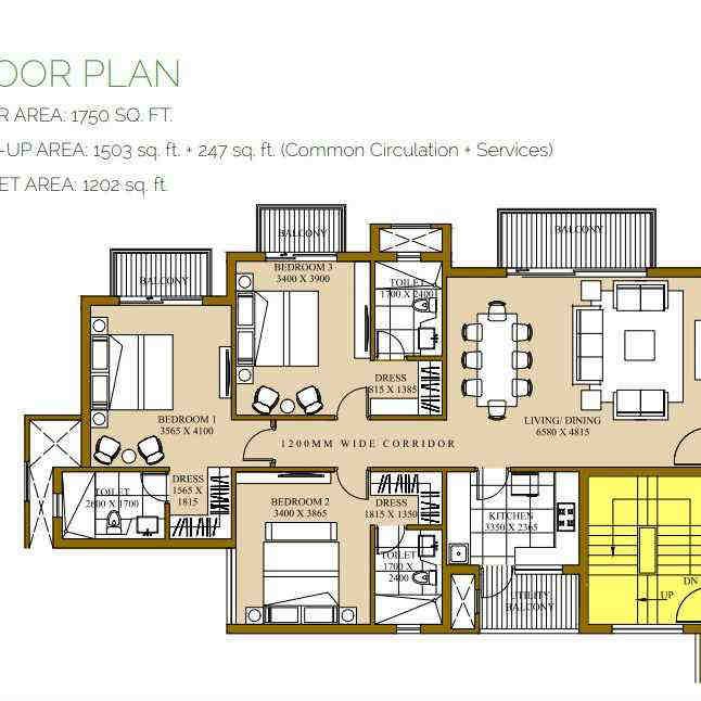 3 BHK floor plan, ATS Pristine