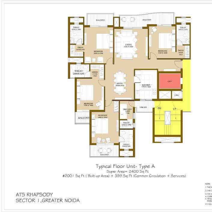 3 BHK floor plan, ATS Rhapsody