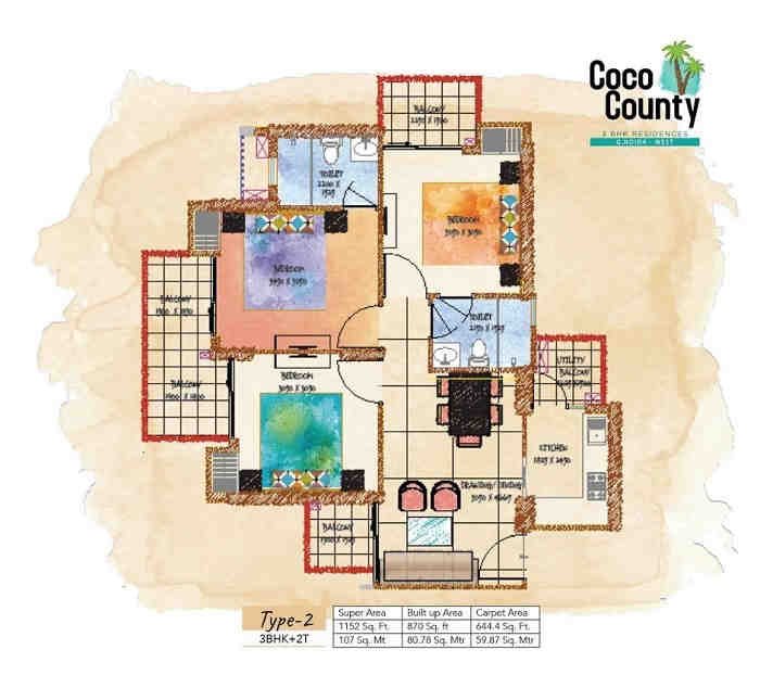 3 BHK floor plan, Coco County