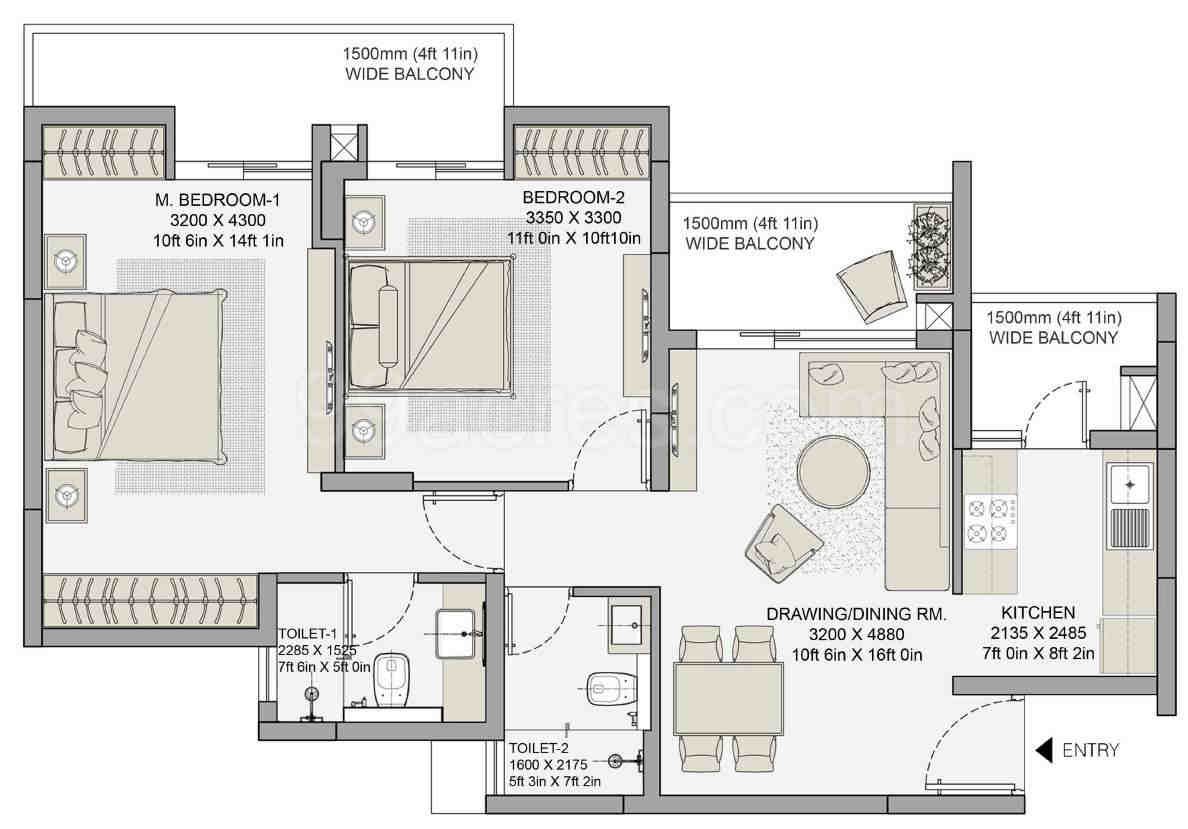2 BHK floor plan, Eldeco Live By The Greens