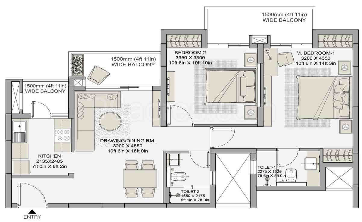 2 BHK floor plan, Eldeco Live By The Greens