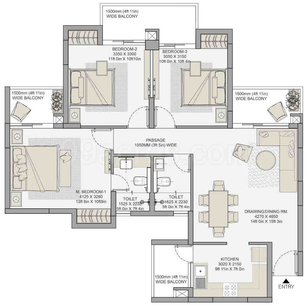 3 BHK floor plan, Eldeco Live By The Greens