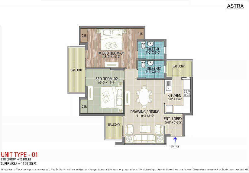 2 BHK floor plan, Express Astra