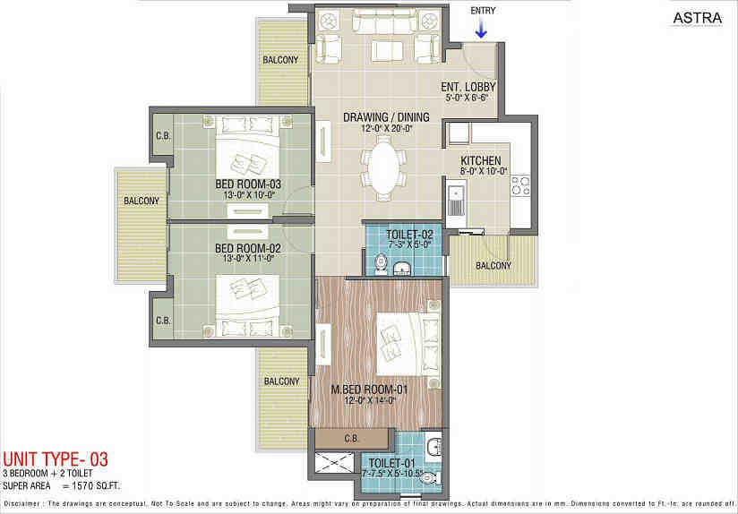 3 BHK floor plan, Express Astra