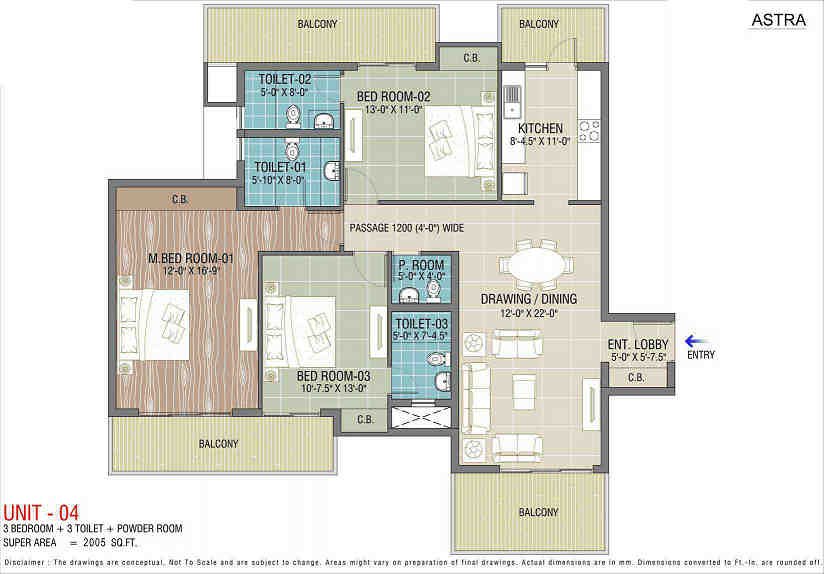 3 BHK floor plan, Express Astra