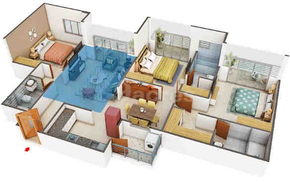 3 BHK floor plan, Godrej Palm Retreat