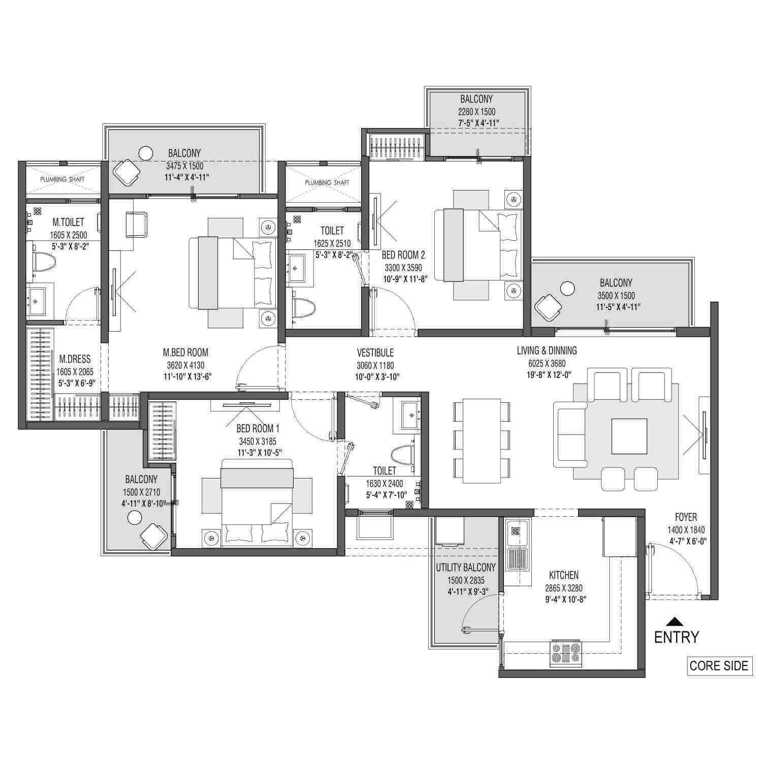 3 BHK floor plan, Godrej Park Avenue