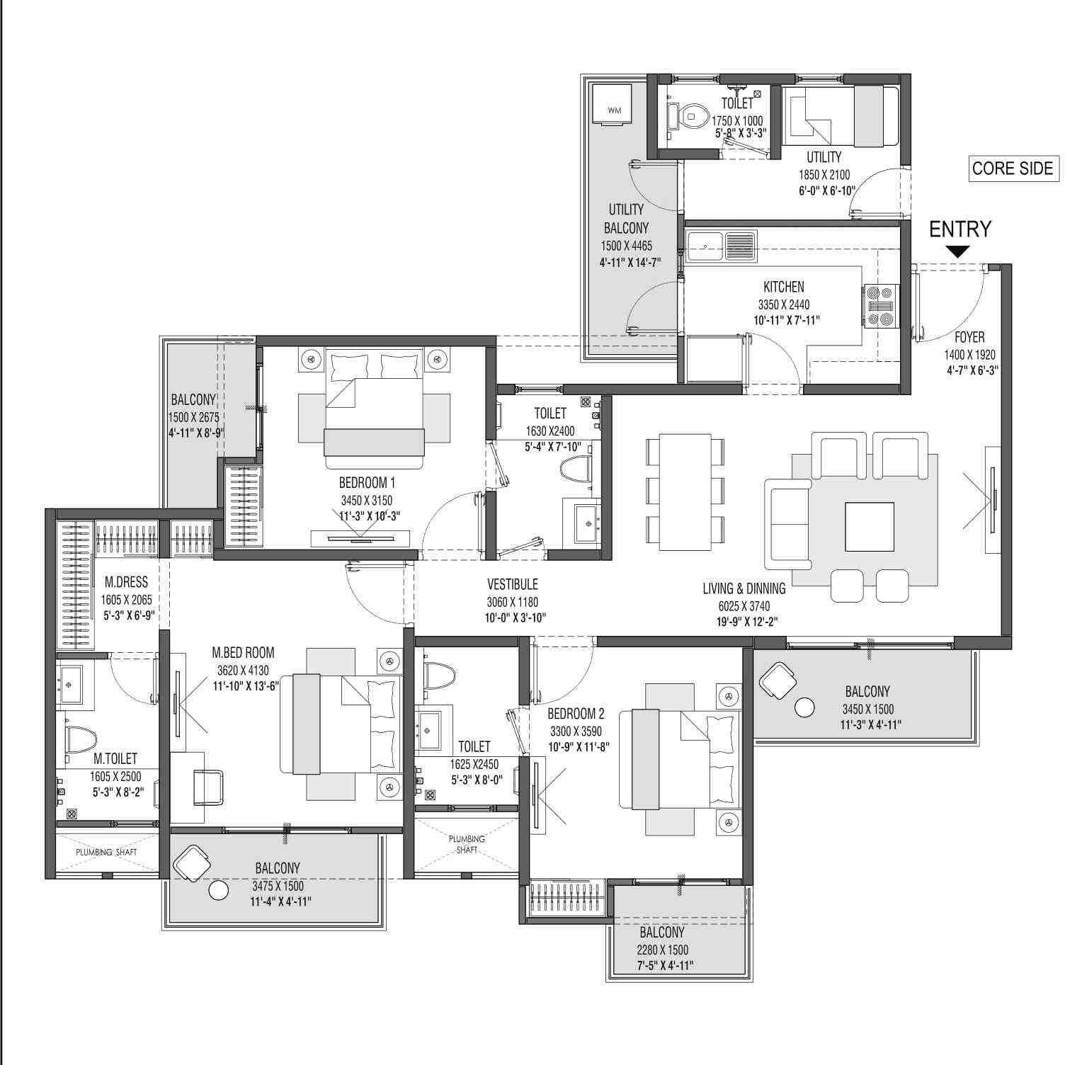 3 BHK floor plan, Godrej Park Avenue