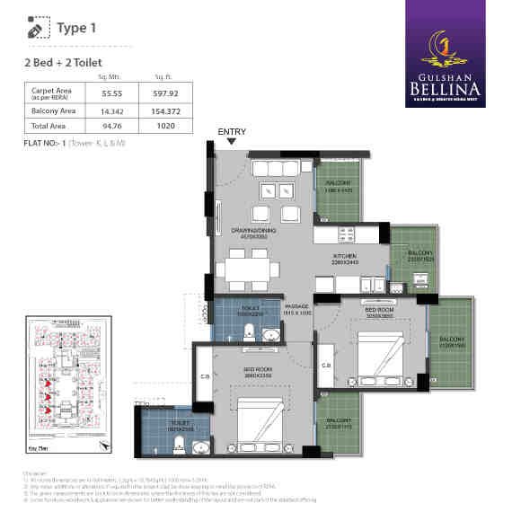 2 BHK floor plan, Gulshan Bellina