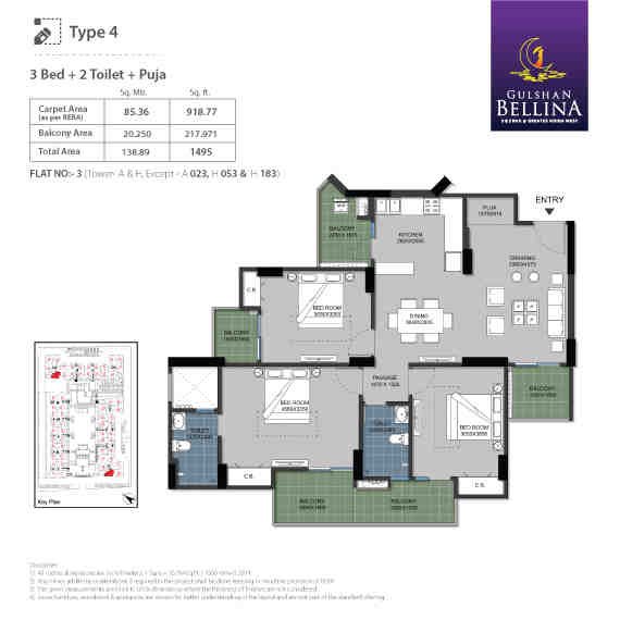 3 BHK floor plan, Gulshan Bellina