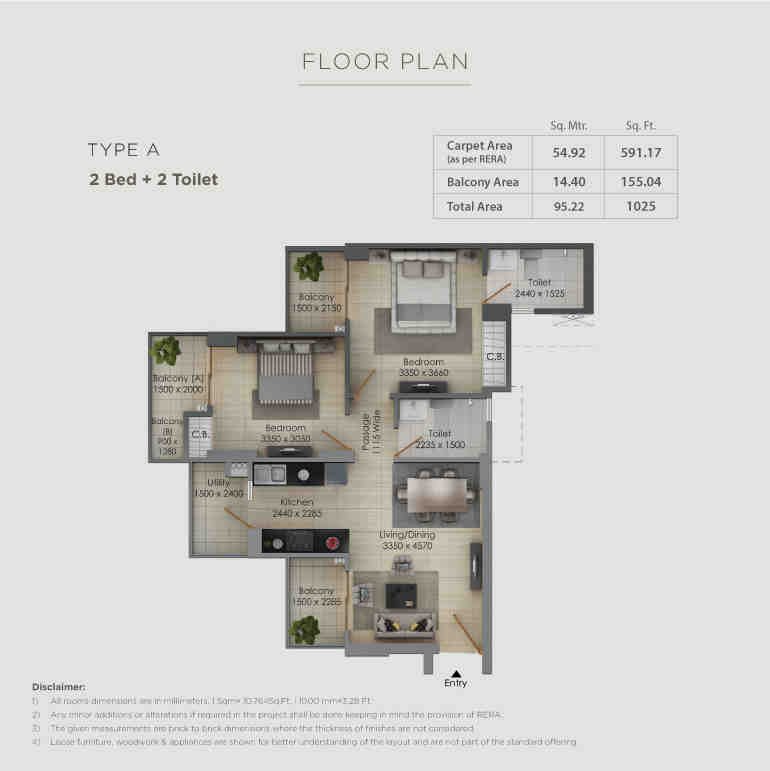 2 BHK floor plan, Gulshan Botnia