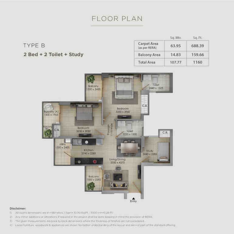 2 BHK floor plan, Gulshan Botnia