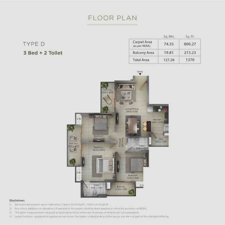 3 BHK floor plan, Gulshan Botnia