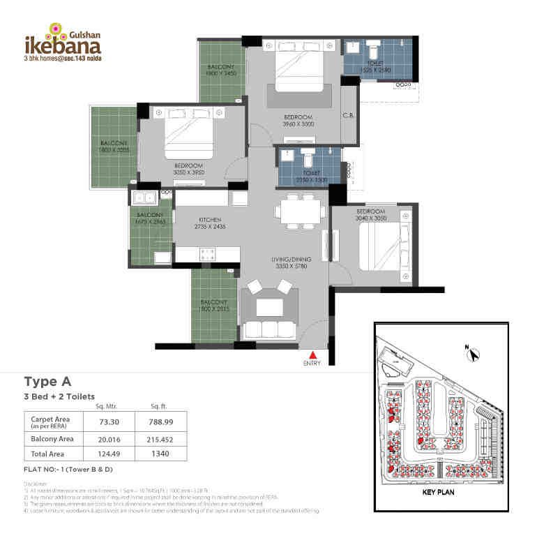 3 BHK floor plan, Gulshan Ikebana