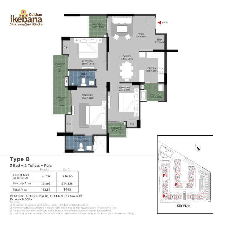 3 BHK floor plan, Gulshan Ikebana