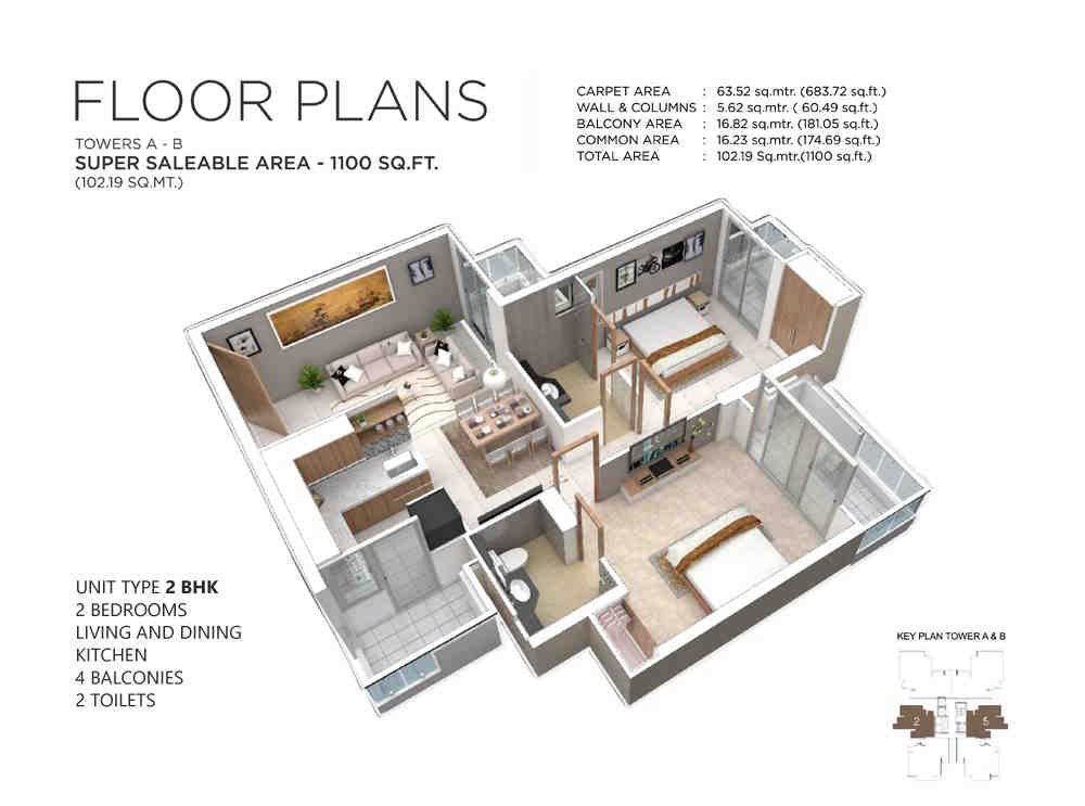 2 BHK floor plan, Irish Pearls