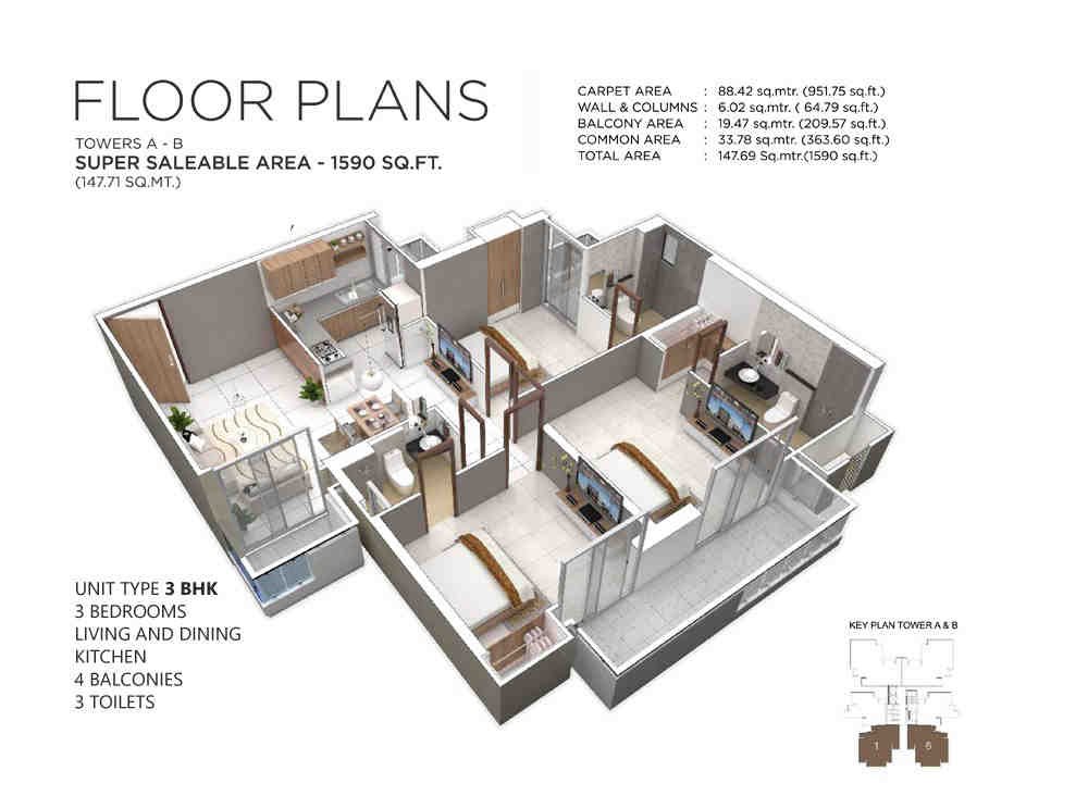 3 BHK floor plan, Irish Pearls