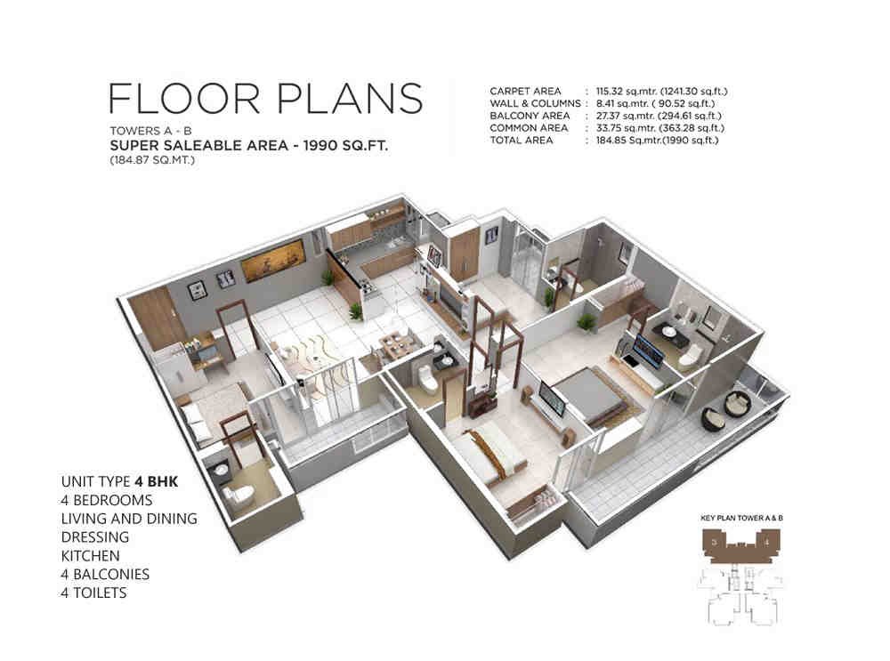 4 BHK floor plan, Irish Pearls