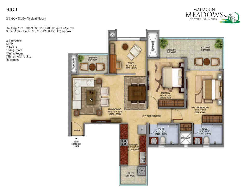 3 BHK floor plan, Mahagun Meadows