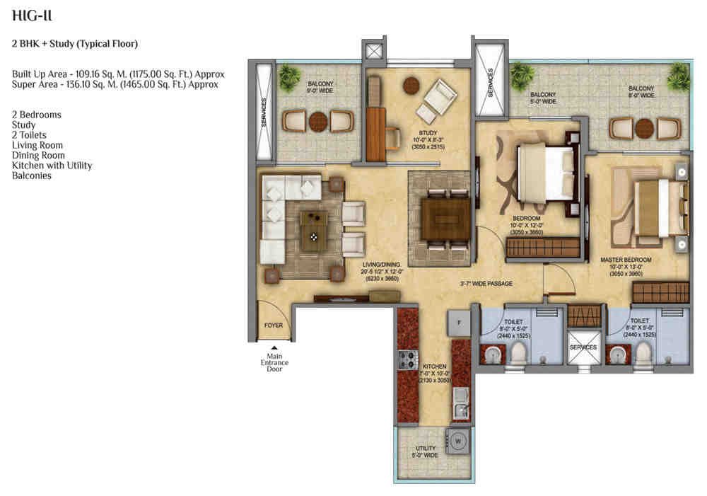 3 BHK floor plan, Mahagun Meadows