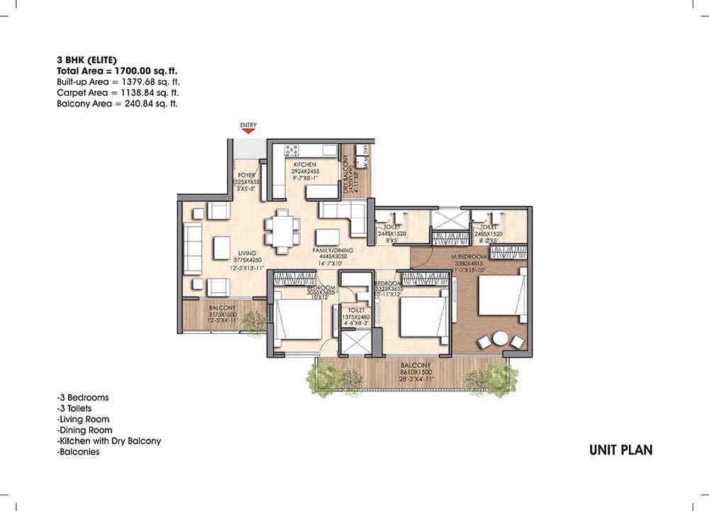 3 BHK floor plan, Prateek Canary