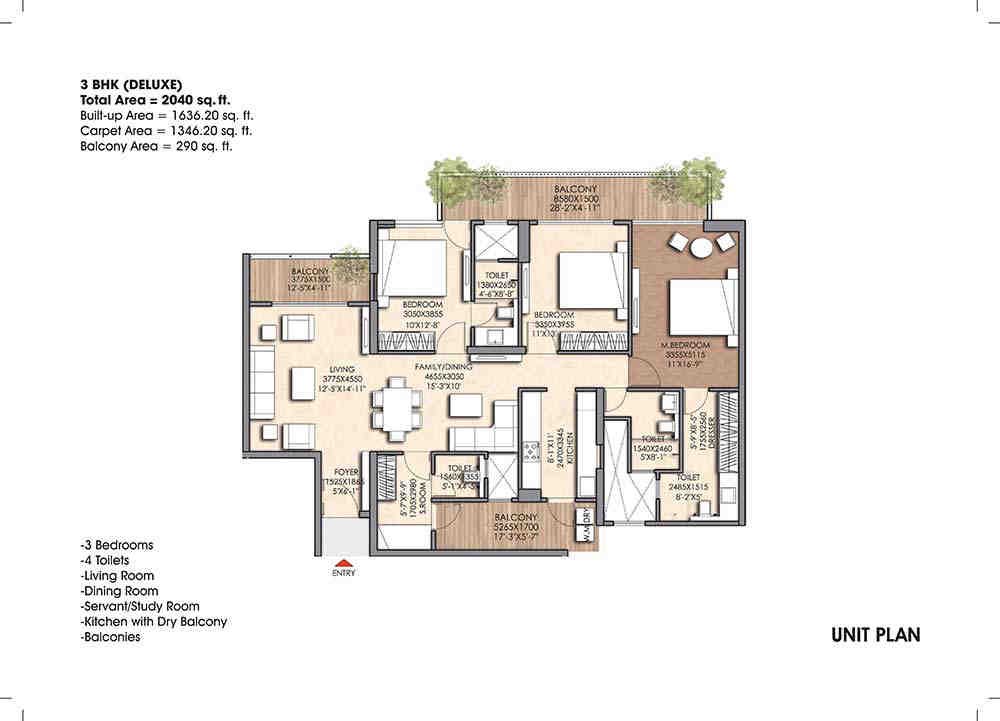 3 BHK floor plan, Prateek Canary