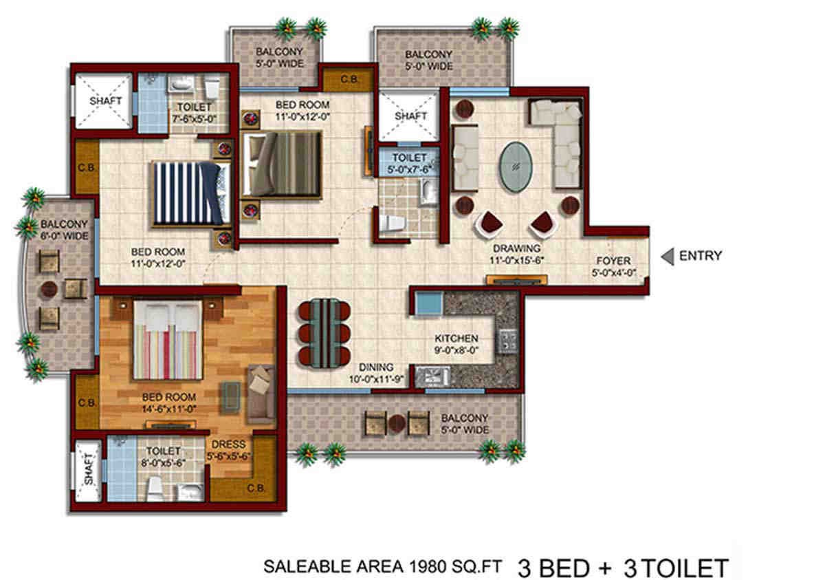 3 BHK floor plan, Samridhi Daksh Avenue