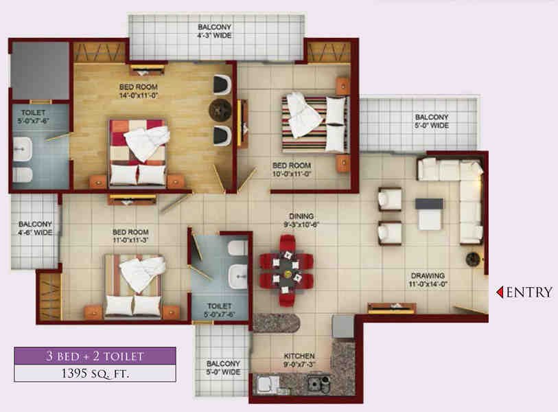 3 BHK floor plan, Samridhi Luxuriya Avenue