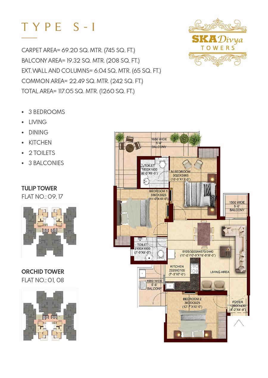 3 BHK floor plan, SKA Divya Towers