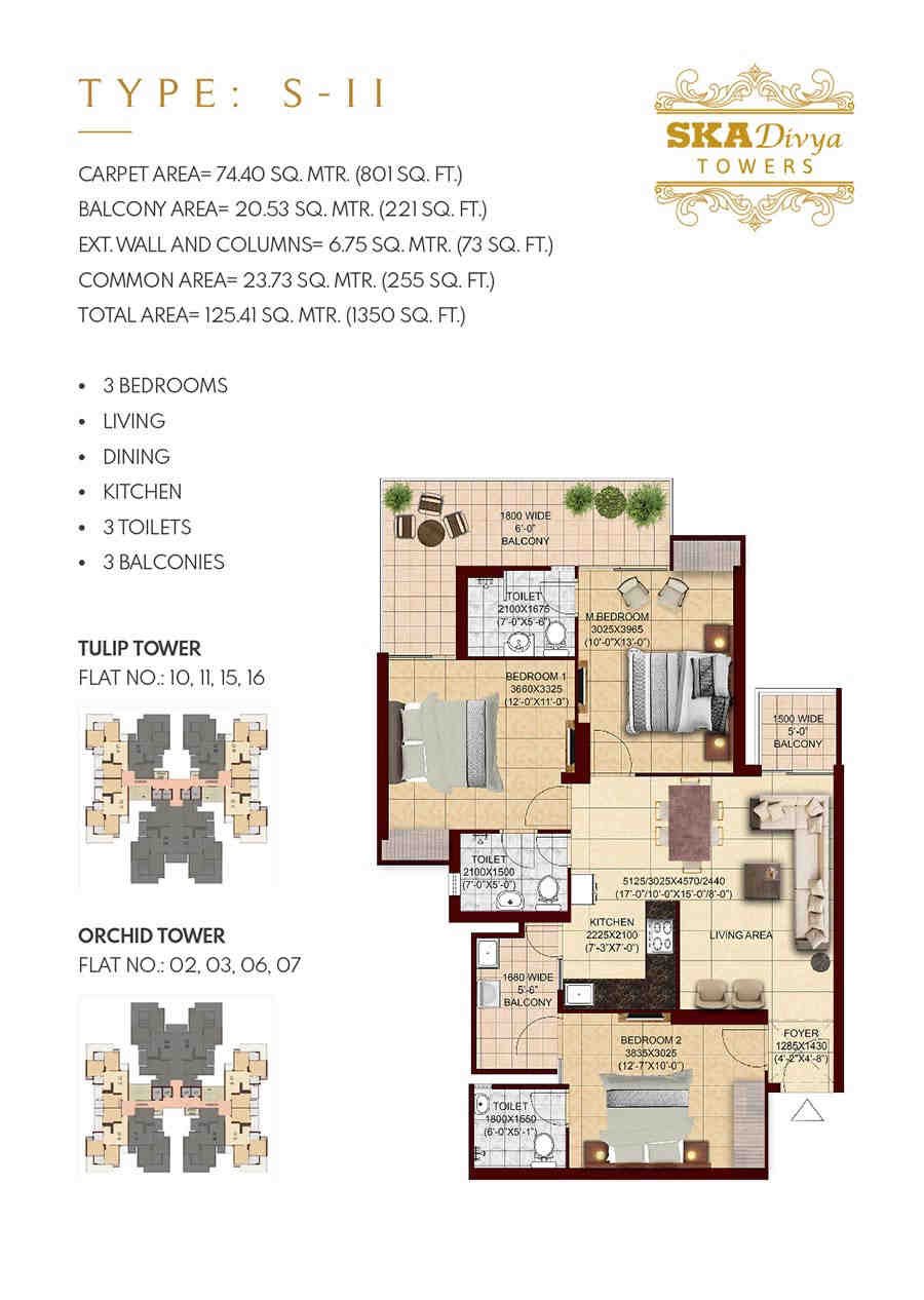 3 BHK floor plan, SKA Divya Towers