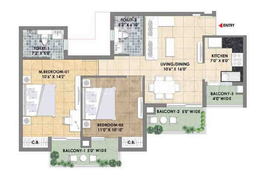 2 BHK floor plan, Tata Eureka Park