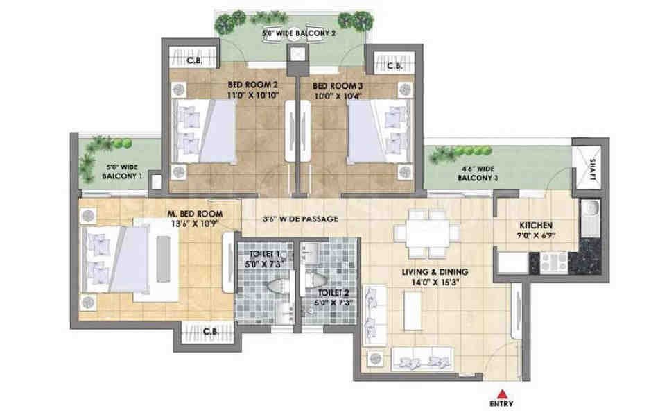 3 BHK floor plan, Tata Eureka Park