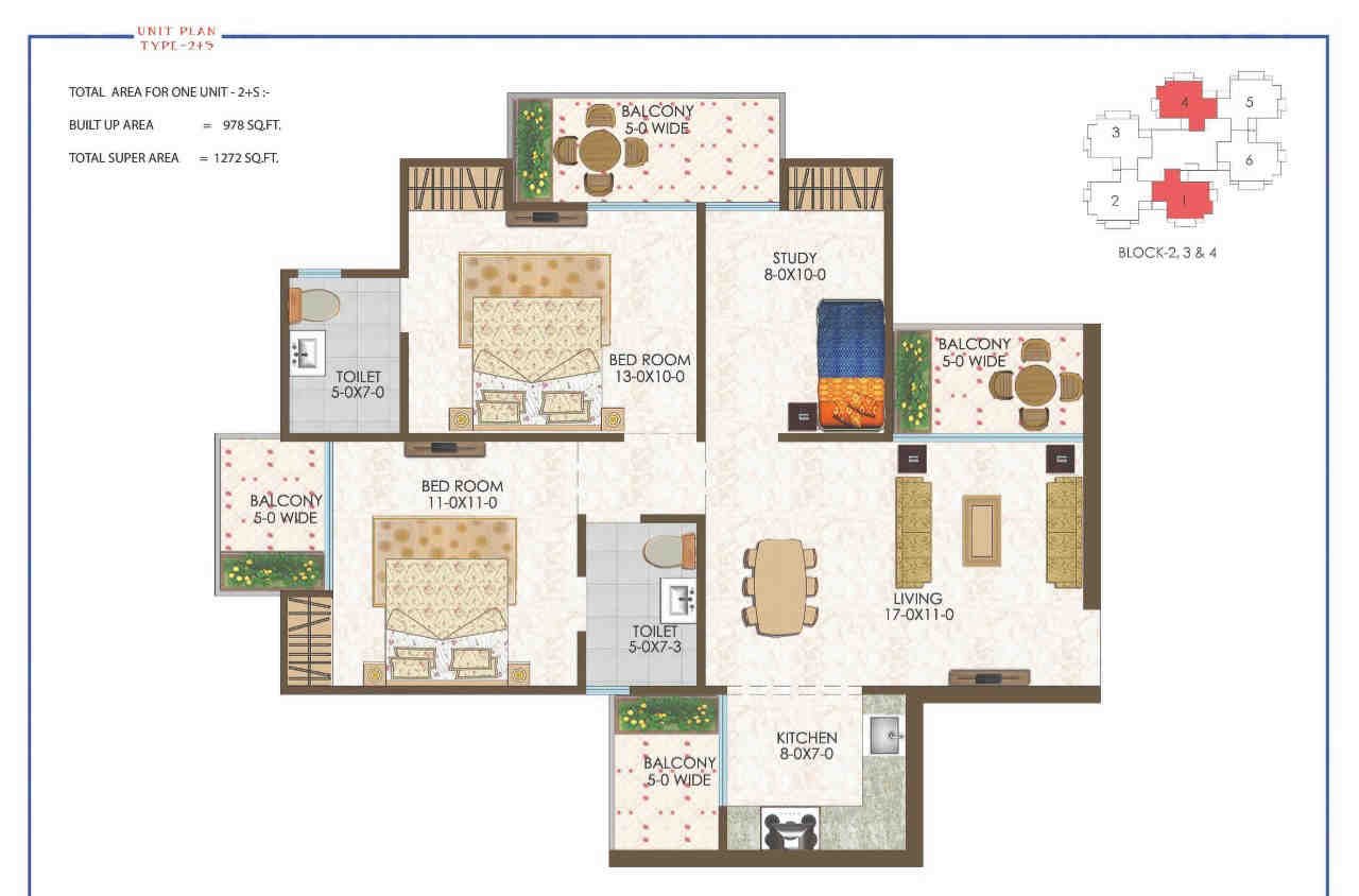 2 BHK floor plan, Trident Embassy Reso
