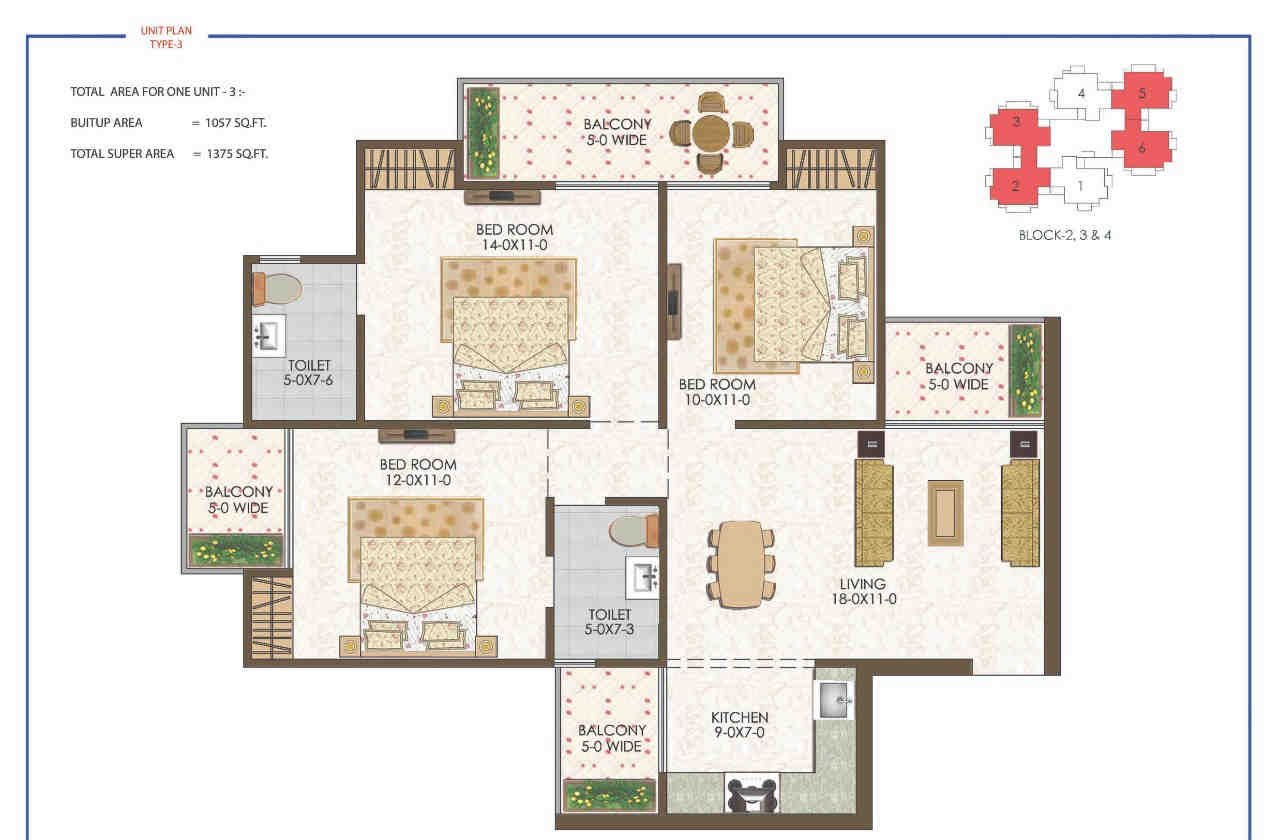 3 BHK floor plan, Trident Embassy Reso