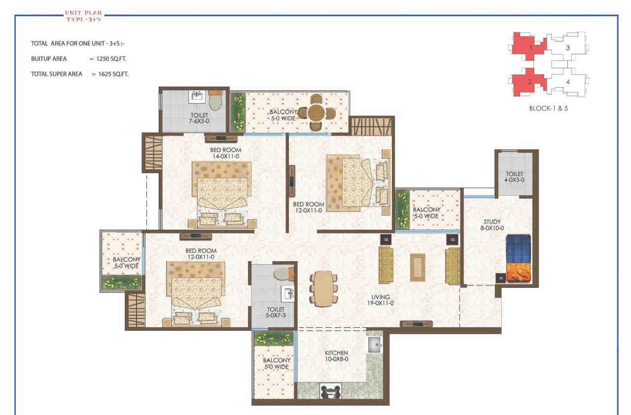 3 BHK floor plan, Trident Embassy Reso